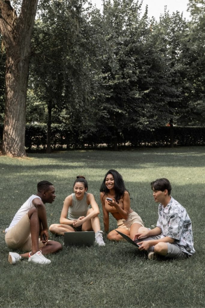 Male and female young adults sitting in park talking together